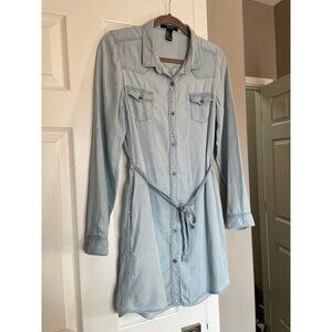 Forever21 Casual Large Self-tie Belt Denim Long Sleeve Shirt Dress